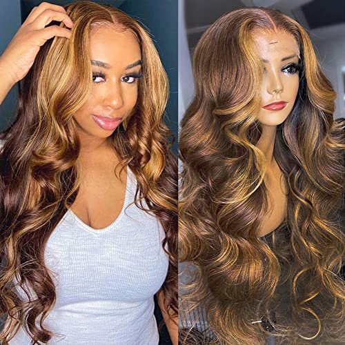 28 Inch Ombre Lace Front Wigs Body Wave Human Hair 4/27 Highlight Wigs Transparent 13x4 Lace Front Ombre Wig 180% Density for Black Women Brazilian Virgin Human Hair
