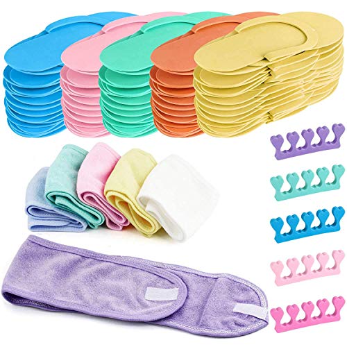 Girl Party Set, 6 pcs Facial Makeup Headband and 24 Pair Disposable Flip Flops Slippers Set for Spa