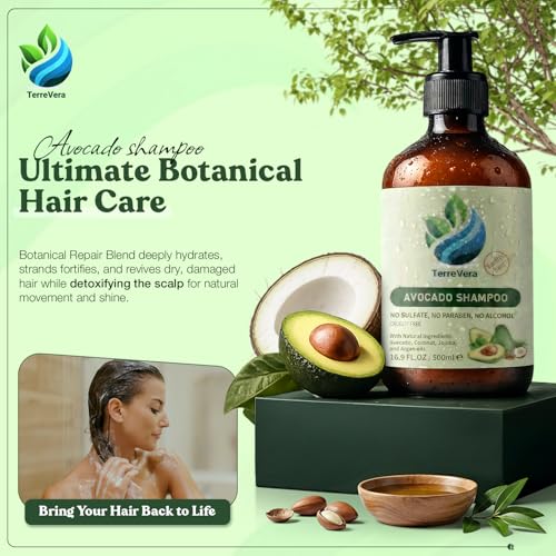Image of TerreVera Avocado Shampoo, Salon Quality Sulfate Free Shampoo, With Avocado, Argan, Coconut & Jojoba Oils, Hydrating & Strengthening Formula, For Men and Women 16.9 fl oz