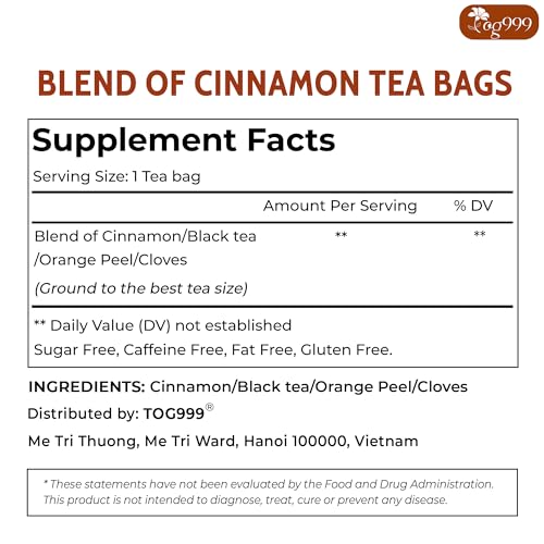 Image of TOG999, 60 Tea Bags - Special Blend of Cinnamon, Black Tea, Orange Peel and Cloves, 100% Natural Ingredients, Hand-made Blend Herbal Tea. Eco-conscious Tea Bags. No Sugar, No Caffeine, No Gluten, Vegan.