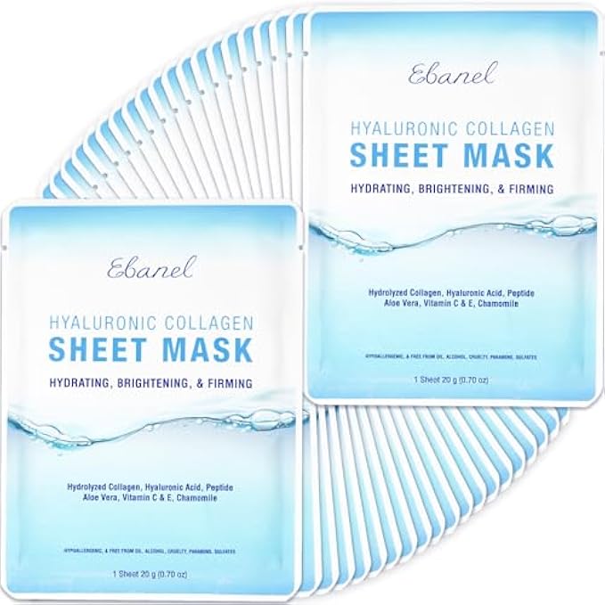 Ebanel 20 Pack Collagen Peptide Hydrating Face Masks, Instant Brightening Firming Anti Aging Face Sheet Masks, Moisturizing Spa Face Masks Skincare with Hyaluronic Acid, Vitamin C, Chamomile, Aloe