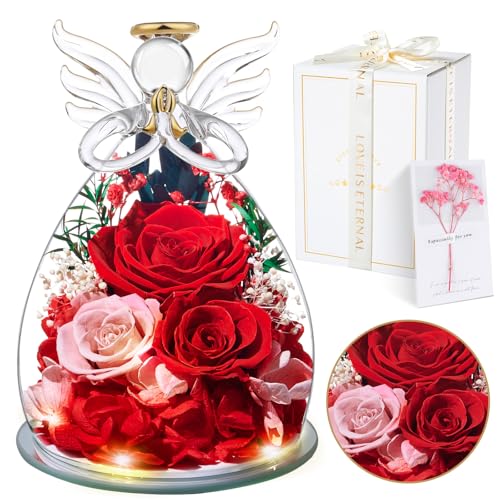Regalos Originales para Mujer Día de la Madre, Rosa Eterna Flores Preservadas en Ángel Figura, Regalos para Mamá Madre Abuela Esposa Novia, Cumpleaños Navidad Acción de Gracias Aniversario, Rojo