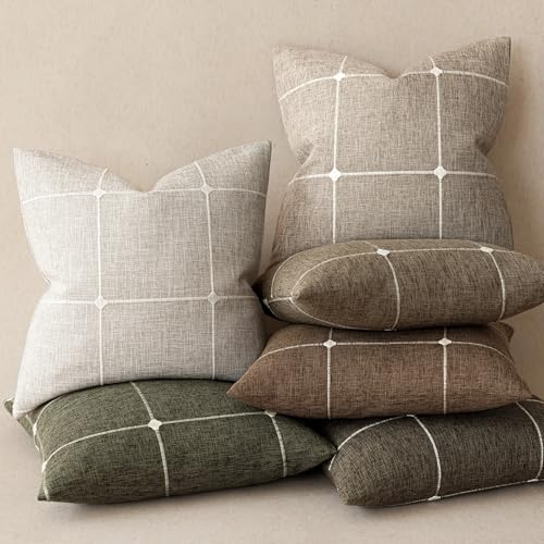 Image of Foindtower Pack of 2 Decorative Faux Linen Jacquard Check Throw Pillow Covers Farmhouse Cushion Cover with Grid Textured Accent Pillowcase for Couch Sofa Living Room Home Decor,20x20 Inch,Oatmeal
