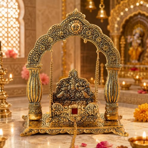 Image of Metal Laddu Gopal Krishna Swing Jhula for Janmashtami Pooja, Decorative Bal Gopal Mandir Swing for Home Temple, Festival Decoration, Pooja Room Decor & Religious Gift