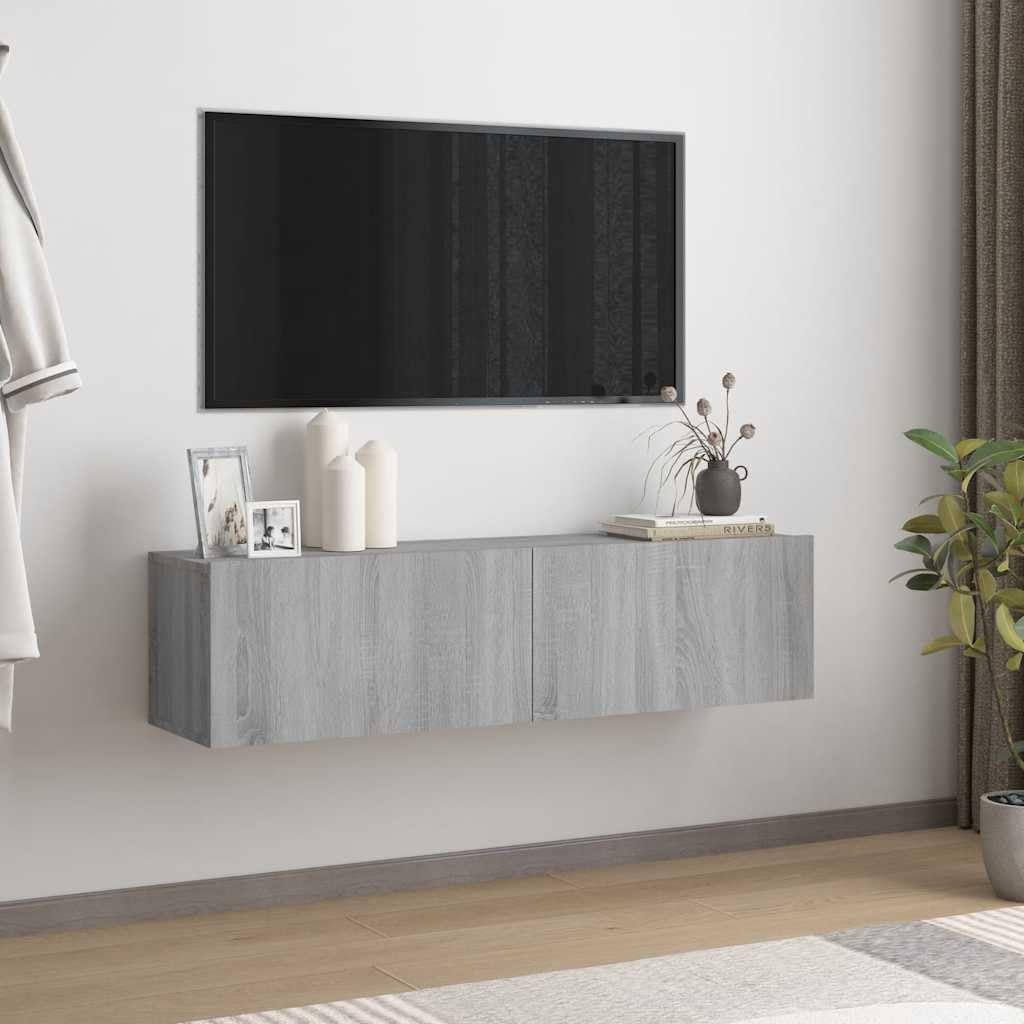 Fengshui Mobile da parete per TV, grigio Sonoma, 120 x 30 x 30 cm, in legno | 2 scomparti, porte pieghevoli, montaggio a parete, spazio per riviste e DVD
