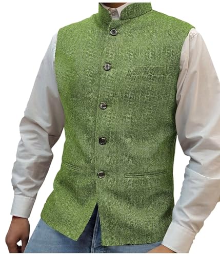 Mens Retro Herringbone Tweed Vest Business Tweed Wool Vests High Collar Casual Waistcoats Slim Fit Wedding Groomsmen