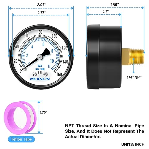 Image of MEANLIN MEASURE 0-160Psi Well Pump Pressure Gauge 1 /4 inch NPT 2 inch FACE DIAL for Air Compressor RV Regulator Water Pressure Tester Back Mount, with Teflon Tape