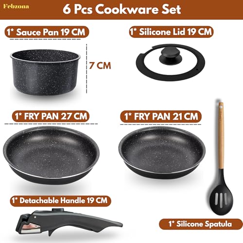 Image of Febzona 6 Pcs Pots and Pans Non Stick Cookware Combo Set Induction Ready, with Detachable Handle, Stackable Kitchen Cooking Set Removable Handles, Oven Safe, frypan Tea pan Utensils (Stone Black)