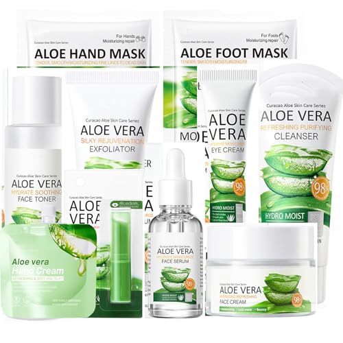 10Pcs Skin Care Products Set, Aloe Vera Skin Care Sets, Skin Care Gift Set for Women Girls, Skincare Routine Set, Face Care Kit for Dry Skin, Hydrating Whole Body Skin Care