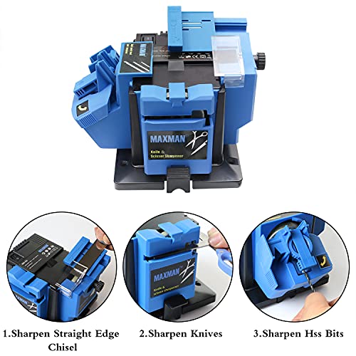 Electric Knife Sharpener Multi-Functional with 3 Abrasive Wheel and a Pair of Cut-Resistant Glove Adjustable Angle Button Grinding Tool Use for Chisel, HSS Drill Scissor and Kitchen utensils