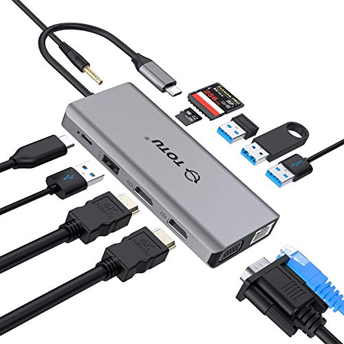 USB C Hub, TOTU 13 in 1 Docking Station Triple Display for MacOS and Windows, USB C Adapter with Dual HDMI,100W Power Delivery,USB 3.0,Gigabit Ethernet,VGA,SD/TF Card Readers, Mic/Audio