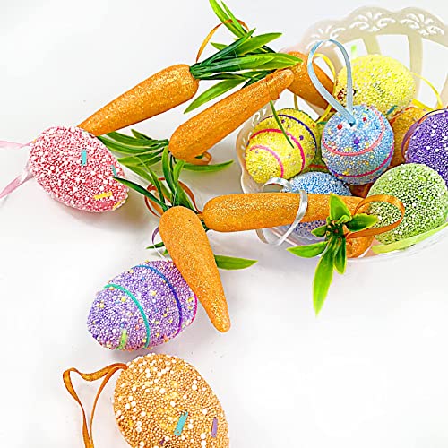 Easter Egg Ornaments And Carrot Hanging Ornaments 12 Pieces Colorful Foam Easter Hanging Egg Ornaments 6 Pieces Premium Foam Glitter Artificial Carrots Easter Tree Decorations Home Party Diy Crafts #TOP3