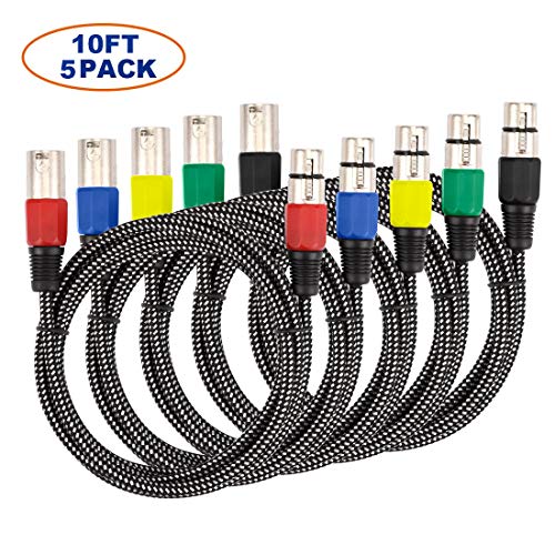 XLR Microphone Cable 10 FT/5 Colored, 3 Pin Nylong Braided Balanced XLR Male