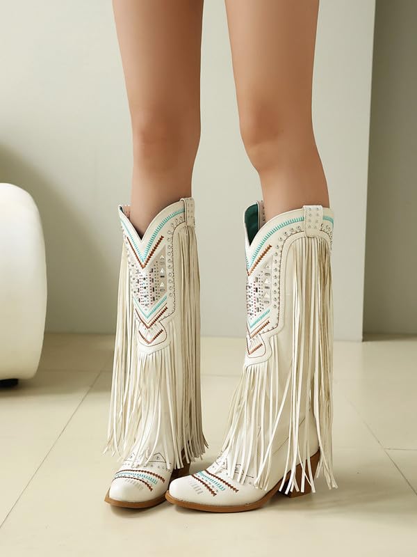 Stivali da cowboy da donna con ricamo, frange e borchie a blocco, stile vintage