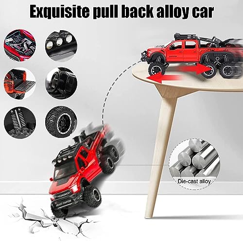 Image of ARNIYAVALA Toy Pickup Trucks for Boys F150 Raptor Diecast Metal Model Car with Sound&Light for Kids Age 3 Year&Up Red