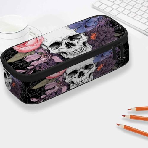 Image of Yekiua Skull Flowers Pen Bag Vintage Day Of The Dead Large Pencil Case Big Capacity Pencil Pouch Pencil Holder White Black