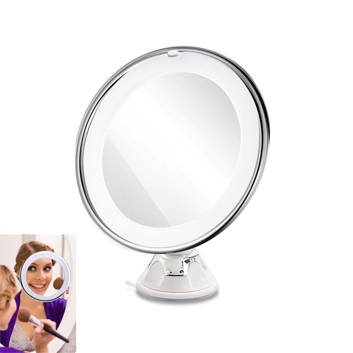 Ipetboom Kosmetikspiegel LED mit 10-facher Vergrößerung Runder Make Up Spiegel aus Glas in Weiß mit Saugnapf für Bad und Reise Beleuchteter Tragbarer Schminkspiegel für Damen und Herren