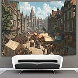 kaiyun Der geschäftige mittelalterliche Marktplatz Wandteppich,Schlafzimmerästhetik Indie Wanddeko, Raumdekoration, Wandbehang,Wandkunst 150cmx200cm