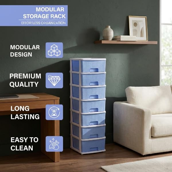 Image of Plastic Modular Drawer Storage Chest Of Drawers Organizer Storage Box, Large Stomo Racks For Multipurpose Anti-slip Shoes Organizers (Blue, 7 Layer)