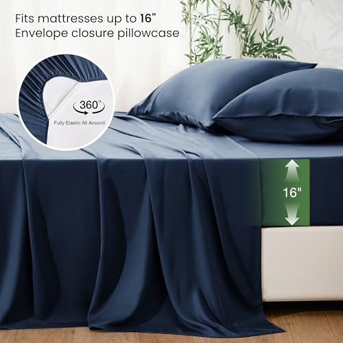 Image of Love's cabin 3 Piece Twin Sheet Set, 100% Rayon Derived from Bamboo, Cooling & Breathable, Soft Silky Deep Pocket up to 16 inch, Hotel Luxury Bedding for Hot Sleepers, Navy