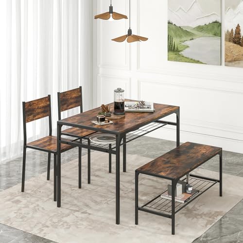 Image of Giantex Dining Table Set for 4, Kitchen Table with Chairs & Bench, Storage Racks, Metal Frame, 4-Piece Space-Saving Dinette Set for Dining Room, Breakfast Nook, Small Space, Apartment,Rustic Brown