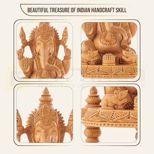Image of Wooden Ganesh Idol /Handcraft Four Arm Ganesh Murti /Wooden Ganesha Statue for Home Decor /Ganpati Murti for Home Temple, Pooja Room, Office & Festive Gifting (9.44 Inch)-| 3 Years Warranty |