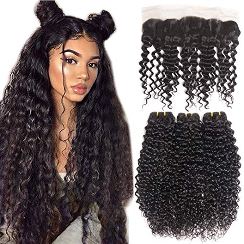 B-Fashion Water Wave Virgin Hair With Closure (12 14 16+10 frontal) 8A Brazilian Water Wave Human Hair Weave 3 Bundles With 4x4inch Free Part Lace Closure Wet And Wavy Human Hair Weave Bundles
