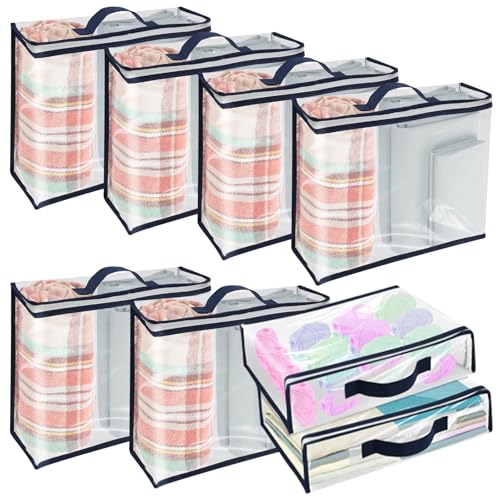 8pcs Clear Clothes Storage Bag Organizer with Bule Reinforced Handle, 30 x 40cm Storage Bags with Zips, Can Be Stored Sweater Clothes Bed Sheet Pillow for Closet & Under Bed Storage (White)