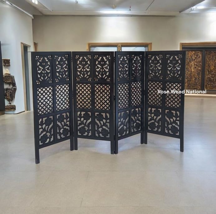 Image of Wooden Room Divider 6 Feet, 4-Panel Folding Wooden Partition for Living Room, Office, Pooja Room, Restaurant, Kitchen & Balcony (2W x 1.82H Meters). (Black Mixed Design)