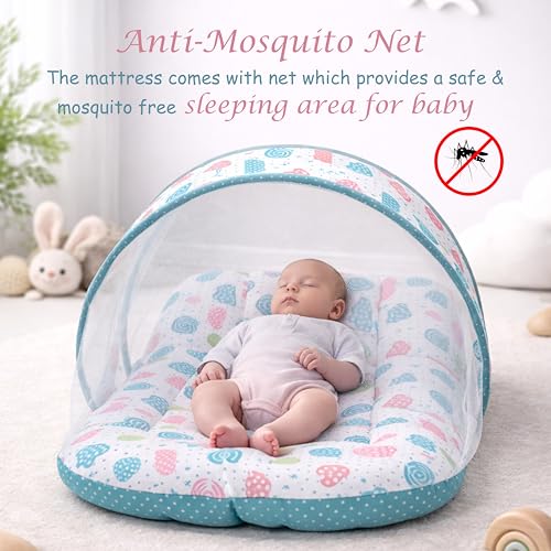 Image of Fareto Combo of Baby Bed with Net | Carry Bag | 4 Pcs Bedding Set (0-6 Months, Baby Size, Cotton) (Pista Sprial)