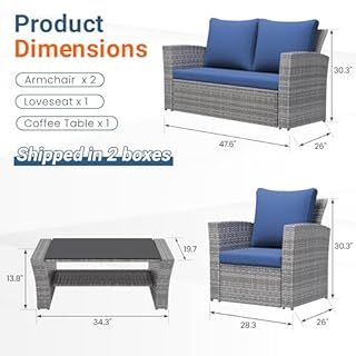 Wisteria Lane 4 Piece Patio Furniture Set, Wicker Outdoor Patio Conversation Furniture Set, All Weather Outdoor Patio Sofa with Cushion and Glass Table, Navy Blue