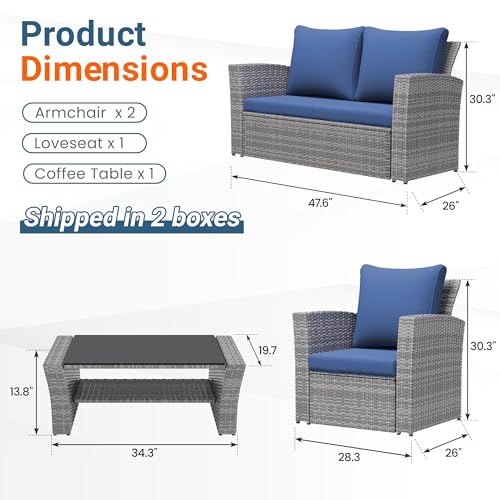 Image of Wisteria Lane Patio Furniture Set, Wicker Outside Outdoor Furniture for All Weather, Patio Sofa with High Backrest Support and Wide Armrest for Backyard, Balcony, Deck, Porch, Navy Blue
