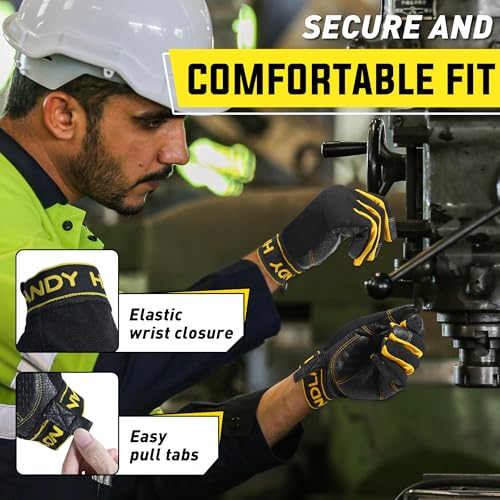 Image of HANDLANDY Work Gloves for Men & Women, Leather Utility Mechanic Working Gloves Touch Screen, Flexible Breathable Gardening Gloves for Yard Maintenance (Medium, 1 Pair)