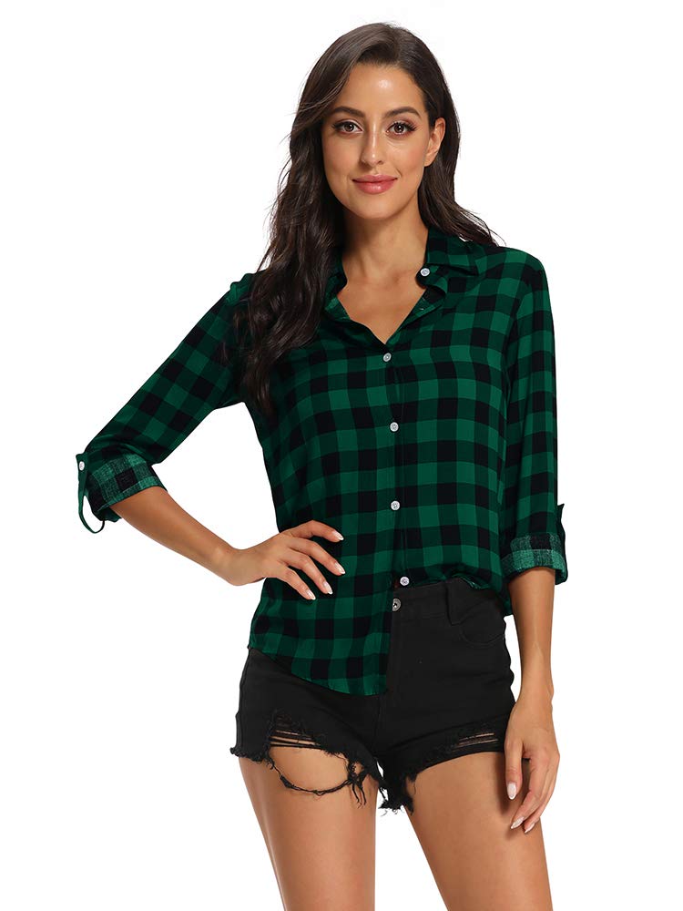 PhorecysWomen V Neck Striped Roll up Sleeve Button Down Plaid Shirt Casual Blouses Checked Tops Size XS-XXL