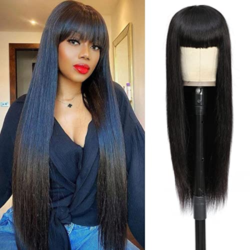 Human Hair wigs with Bangs for Black Women Brazilian Virgin Hair Wigs None Lace Wigs Glueless Machine Made Human Hair Wig Natural Black Straight Wig 28 Inch