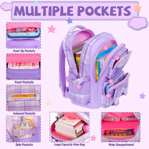 6Pcs Kawaii Backpack Set, Pink Bookbag Plaid Laptop Bag Water-Resistant Lightweight Daypack, Large Capacity School Bag Double Shoulder Backpack with Chest Strap (Pink)3