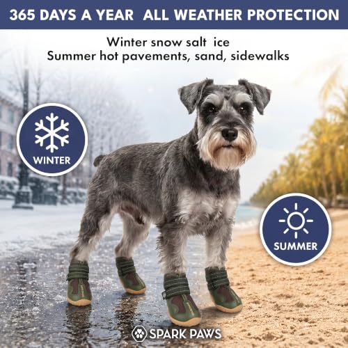 Image of Spark Paws 365 Dog Shoes - All-Weather Paw Protection | Winter Snow Boots & Summer Hot Pavement Booties for Dogs | All-Terrain, Water-Resistant, Green Brown - Size 7