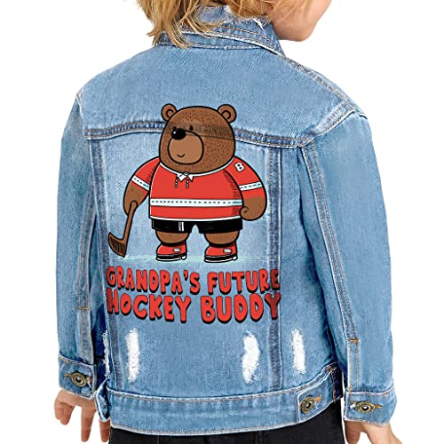 Hockey Buddy Toddler Denim Jacket - Canadian Graphic Jean Jacket - Cartoon Denim Jacket for Kids