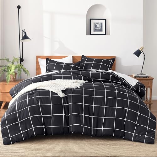 Image of Andency Black Full Size Comforter Set, 3 Pieces Plaid Grid Bedding Comforter Set for Boys Kids, All Season Soft Lightweight Polyester Gingham Geometric Bed Set