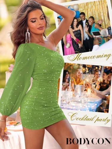 Image of ShawGobow Sparkly Outfits for Women,One Shoulder Ruched Bodycon Short Prom Dress,Sexy Dresses Cocktail Homecoming Nye