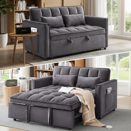 Dreamzie 3 in 1 Convertible Sleeper Sofa Bed, Pull Out Couch for Living Room with Side Pocket, Loveseat Sleeper with Adjustable Backrest (Fabric, Dark Grey)