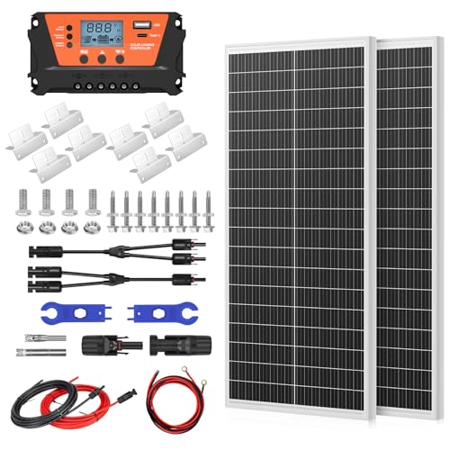 Image of 200W Solar Panel Kit 18BB100W 2Pack Solar Panels with 30A PWM Charge Controller A+ Cell Y Branch Adapter Cables Connectors Z-Brackets for RV Boats Battery Marine Home Outdoor Off-Grid System