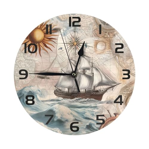 Mexpekil Orologio da parete silenzioso nero con navi nautiche e bussole senza ticchettio 25 cm Orologio da parete rotondo a batteria Orologio decorativo moderno per soggiorno, cucina, camera da letto,