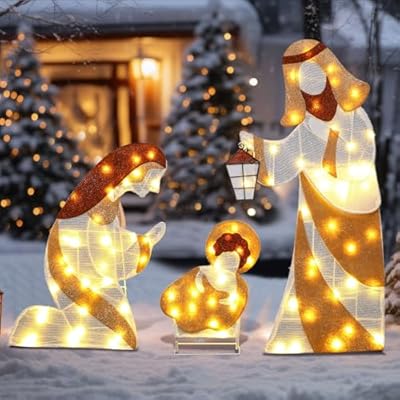 Rossesay 3 Pieces 30 in Lighted 2D Outdoor Nativity Scene Holy Family Christmas Lighted Decorations Outdoor Pre-Lit Light Up Nativity Scene Yard Sign Decor for Xmas Holiday Eve Night Indoor Outdoor