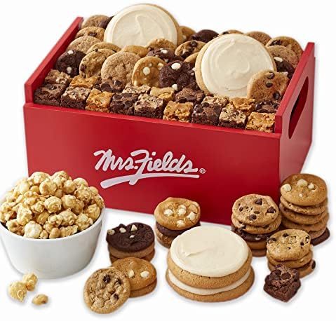 Mrs. Fields - Signature Deluxe Cookie Crate, Assorted with 48 Nibblers Bite-Sized Cookies, 24 Brownie Bites, 4 Frosted Natural Rounds, and 4oz Toffee Nut Popcorn (77 count)