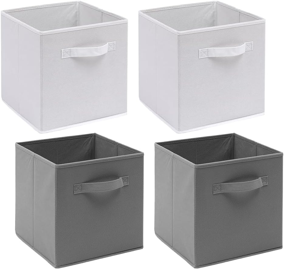 NICEME Cube Storage Boxes Set of 4, Foldable Storage Boxes with Handle for Home Office Nursery, 4pcs Collapsible Bins Organiser for Shelf Closet Organization, White+Light Grey โ image 1