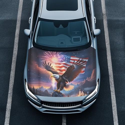 Image of Car Hood Cover, Car Hood Wrap Blankets Auto Banner Elastic Polyester Eagle and American Flag Automotive Accessories for Compact Cars Sedans SUV Trucks (59x39 Inch)