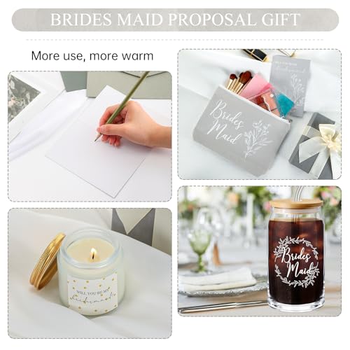 Inbagi Bridesmaid Gifts Box Set of 5 Includes Glass Cup with Lid and Straw Makeup Bag Sage Scented Candle Wedding Invitation Cards Proposal Gifts for Bridal Party Favors (Gray)4