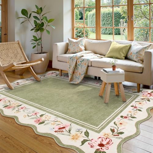 Image of Lahome Floral Scalloped Rug 5x7, Vintage Green Rugs for Living Room