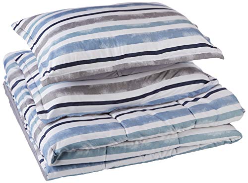 AmazonBasics Comforter Set, Full / Queen, Blue Harbor Stripes, Microfiber, Ultra-Soft